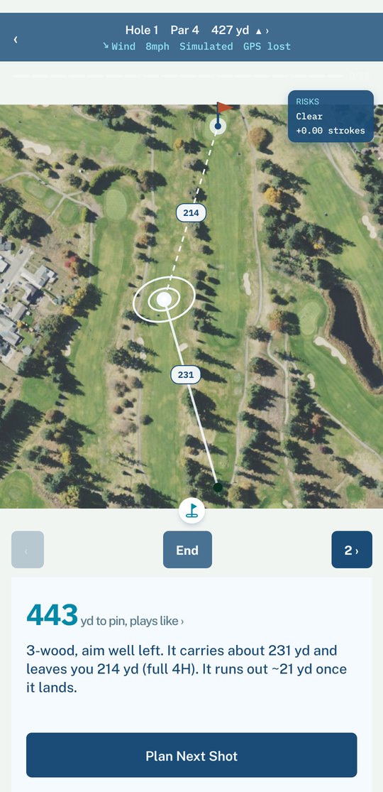 Pinsight on-course view: hole map with the planned shot and club advice